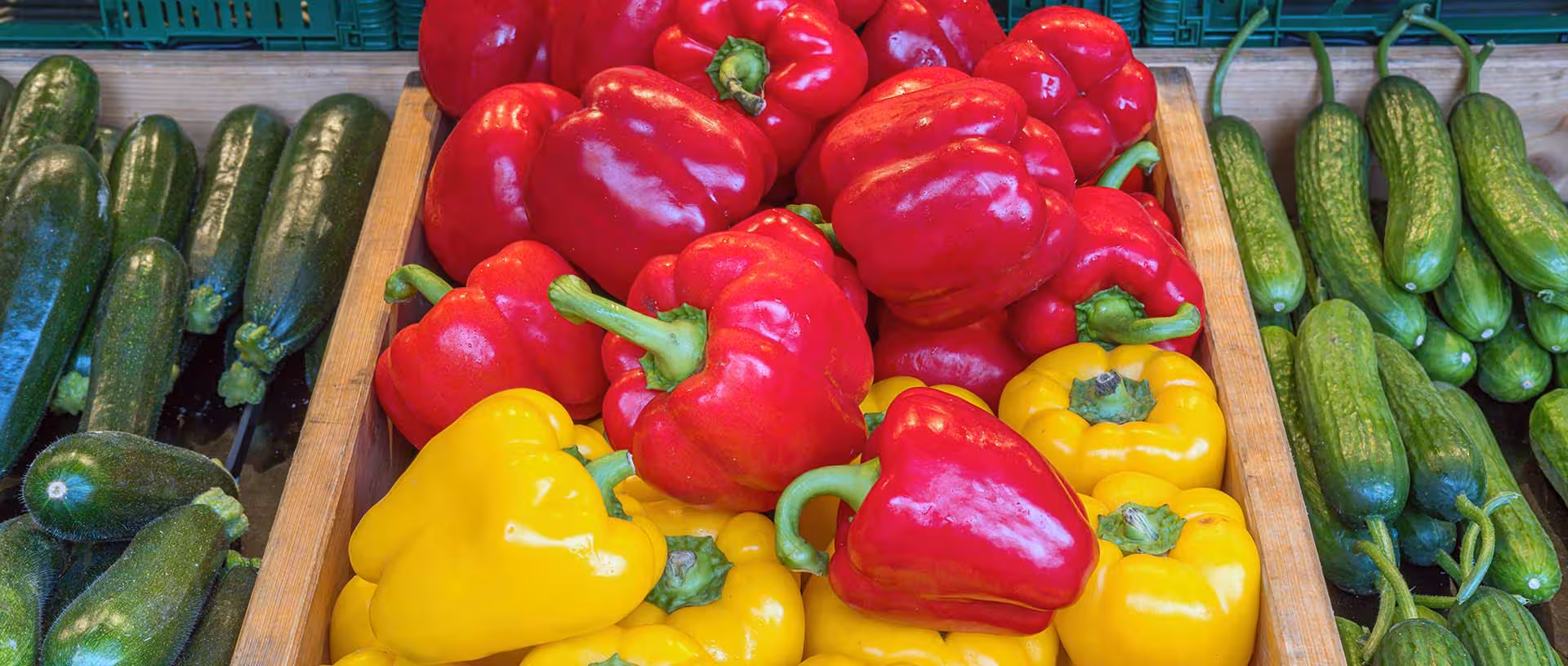 Peppers and Cucumbers stacked in a shop display.